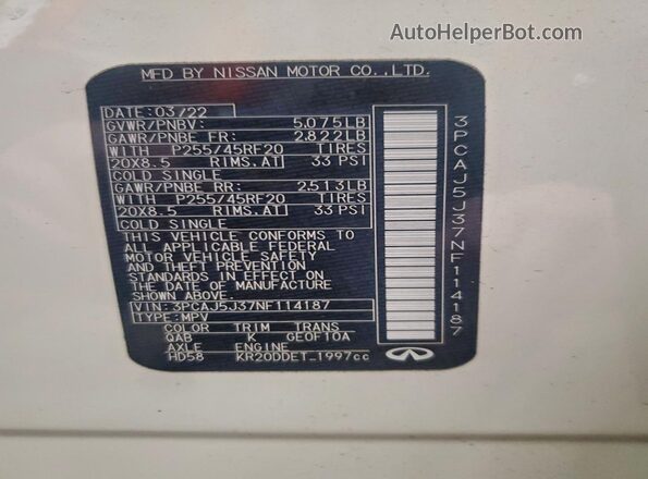 3PCAJ5J37NF114187 2022 INFINITI QX55 White Vista de la etiqueta del VIN