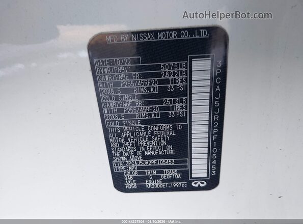 3PCAJ5JR2PF105453 2023 INFINITI QX55 White Vista del compartimento del motor