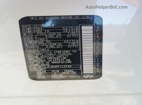 3PCAJ5JR3PF112749 2023 INFINITI QX55 White Вид наклейки з VIN-кодом