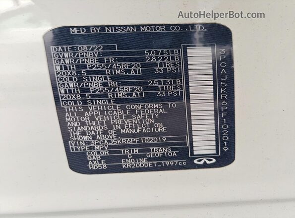 3PCAJ5KR6PF102019 2023 INFINITI QX55 White VIN sticker view