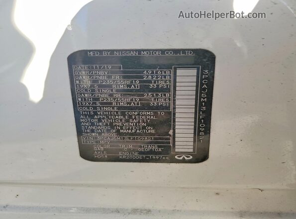 3PCAJ5M13LF109821 2020 INFINITI QX50 White 360 interior view