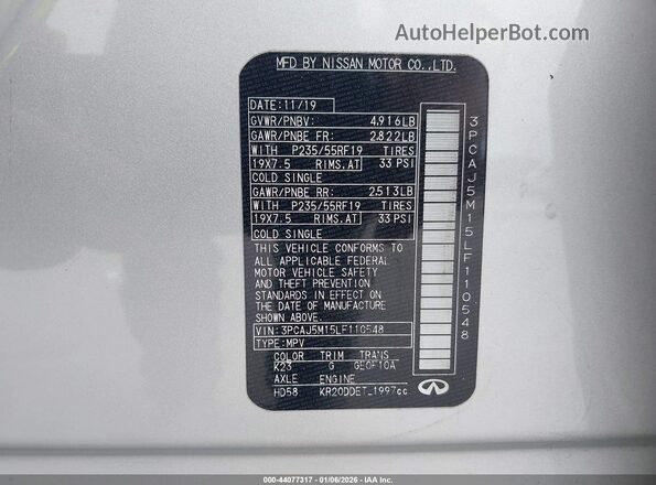 3PCAJ5M15LF110548 2020 INFINITI QX50 Silver Vista del compartimento del motor