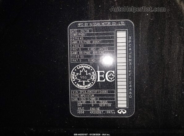 3PCAJ5M31KF124480 2019 INFINITI QX50 Black Vista del compartimento del motor