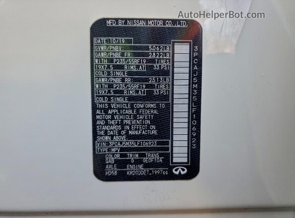 3PCAJ5M35LF106923 2020 INFINITI QX50 White 