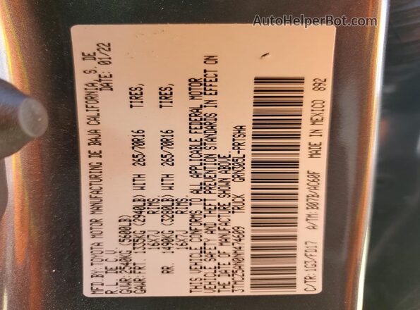 3TMCZ5AN0NM474609 2022 TOYOTA LE Gray VIN კოდის სტიკერის ხედი