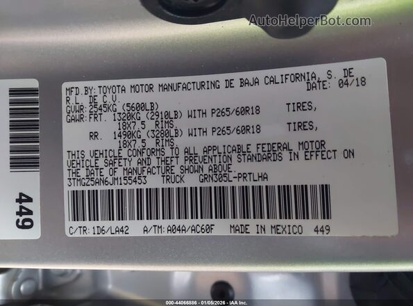 3TMGZ5AN6JM155453 2018 TOYOTA LIMITED Silver 