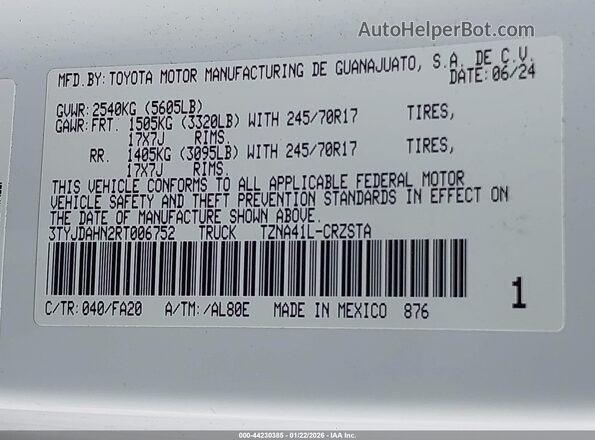 3TYJDAHN2RT006752 2024 TOYOTA TACOMA Белый Вид подкапотного пространства
