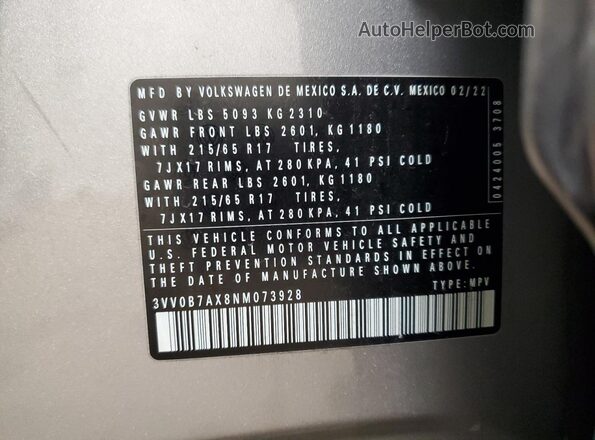 3VV0B7AX8NM073928 2022 VOLKSWAGEN TIGUAN Silver ძრავის განყოფილების ხედი