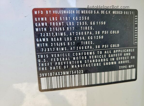 3VV1B7AX3MM154323 2021 VOLKSWAGEN TIGUAN White VIN կոդի պիտակի տեսք
