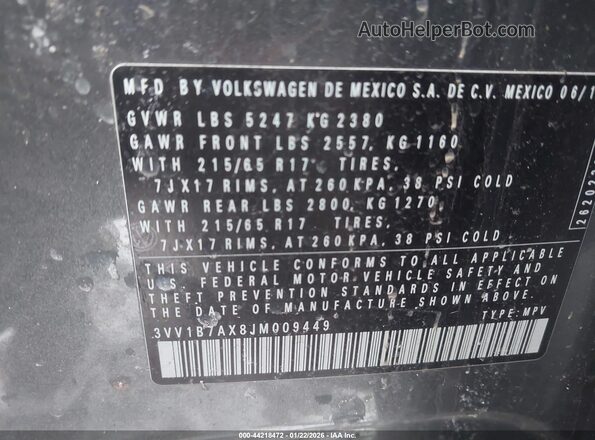 3VV1B7AX8JM009449 2018 VOLKSWAGEN TIGUAN Gray Vista del compartimento del motor