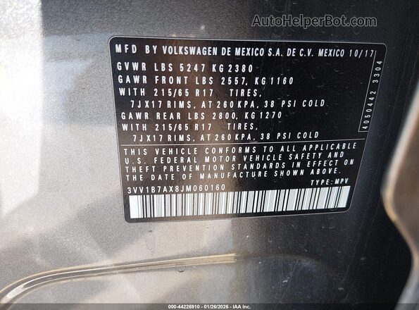 3VV1B7AX8JM060160 2018 VOLKSWAGEN TIGUAN Gray Вид підкапотного простору