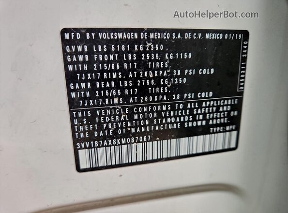 3VV1B7AX8KM087067 2019 VOLKSWAGEN TIGUAN White Панорамний вид салону 360°
