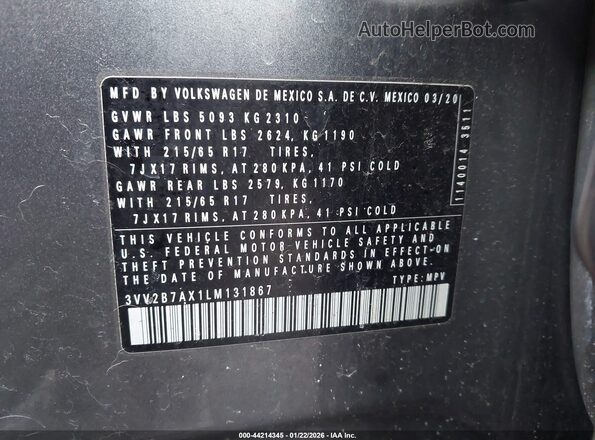 3VV2B7AX1LM131867 2020 VOLKSWAGEN TIGUAN Gray Вид підкапотного простору