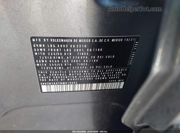 3VV2B7AX7NM019562 2022 VOLKSWAGEN TIGUAN Gray 