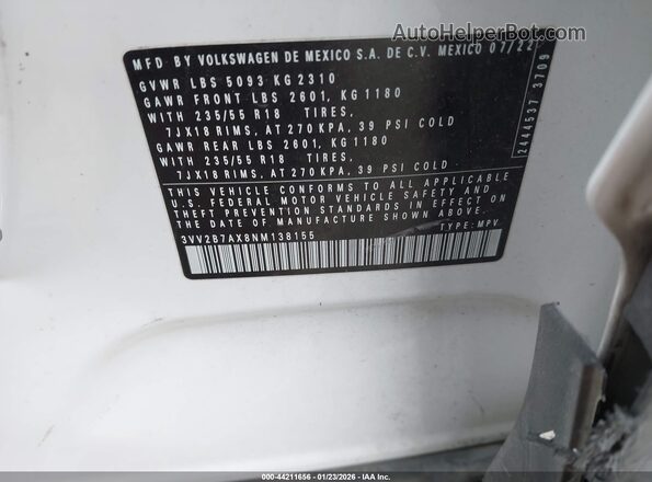 3VV2B7AX8NM138155 2022 VOLKSWAGEN TIGUAN Белый Вид подкапотного пространства