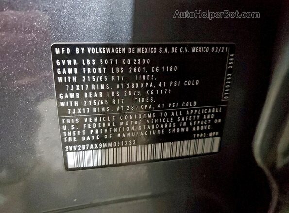 3VV2B7AX9MM091233 2021 VOLKSWAGEN TIGUAN Gray 