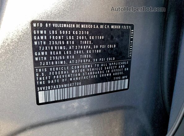3VV2B7AX9NM047704 2022 VOLKSWAGEN TIGUAN Silver Vista de la etiqueta del VIN