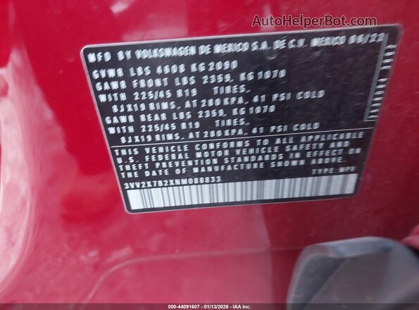 3VV2X7B2XNM088833 2022 VOLKSWAGEN TAOS Red Engine compartment view