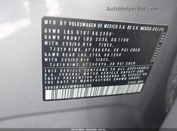 3VV3B7AX2MM005135 2021 VOLKSWAGEN TIGUAN Silver Engine compartment view