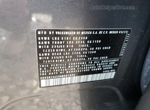 3VV3B7AX3NM081805 2022 VOLKSWAGEN TIGUAN Gray სალონის 360-გრადუსიანი ხედი