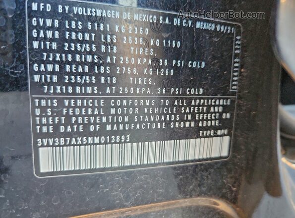 3VV3B7AX5NM013893 2022 VOLKSWAGEN TIGUAN Черный Вид наклейки с VIN-кодом