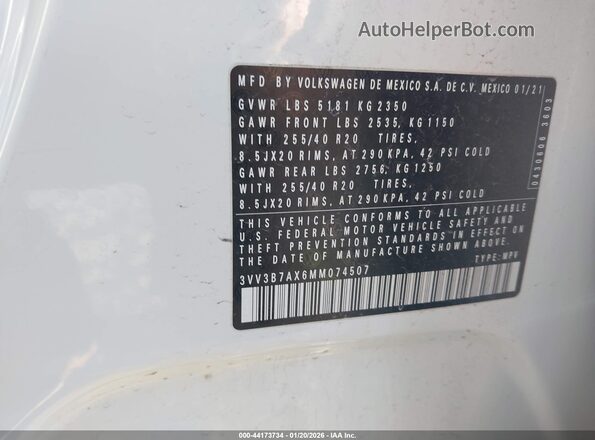 3VV3B7AX6MM074507 2021 VOLKSWAGEN TIGUAN White 