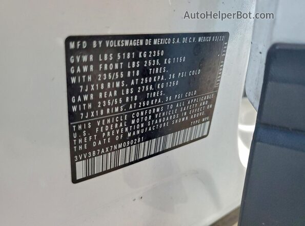 3VV3B7AX7NM090281 2022 VOLKSWAGEN TIGUAN Белый Вид наклейки с VIN-кодом