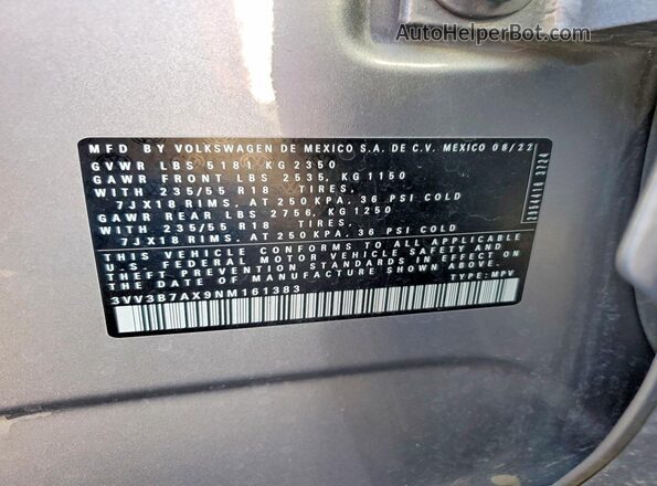 3VV3B7AX9NM161383 2022 VOLKSWAGEN TIGUAN Silver ძრავის განყოფილების ხედი