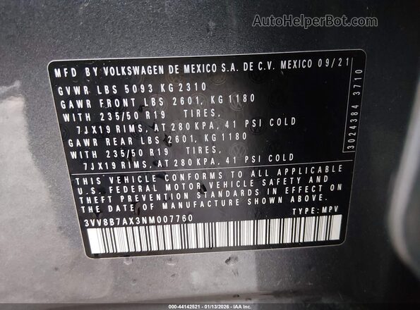 3VV8B7AX3NM007760 2022 VOLKSWAGEN TIGUAN Gray Вид підкапотного простору