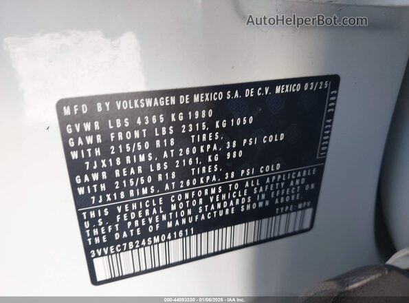3VVEC7B24SM041611 2025 VOLKSWAGEN TAOS White 
