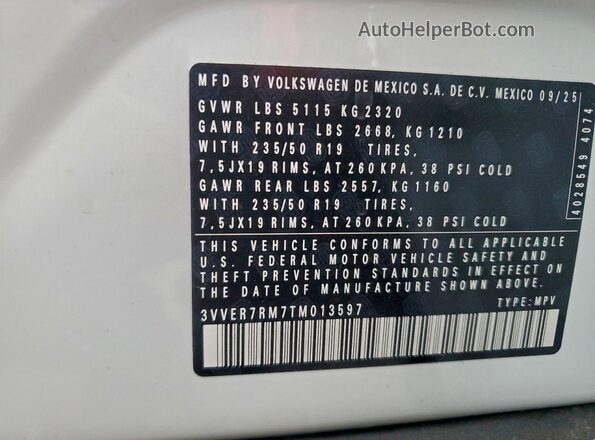 3VVER7RM7TM013597 2026 VOLKSWAGEN TIGUAN White 