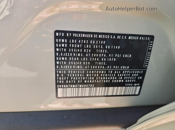 3VVHR7RM8TM004792 2026 VOLKSWAGEN TIGUAN Белый 