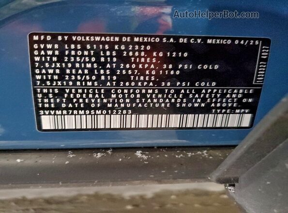 3VVMR7RM9SM012283 2025 VOLKSWAGEN TIGUAN Blue 