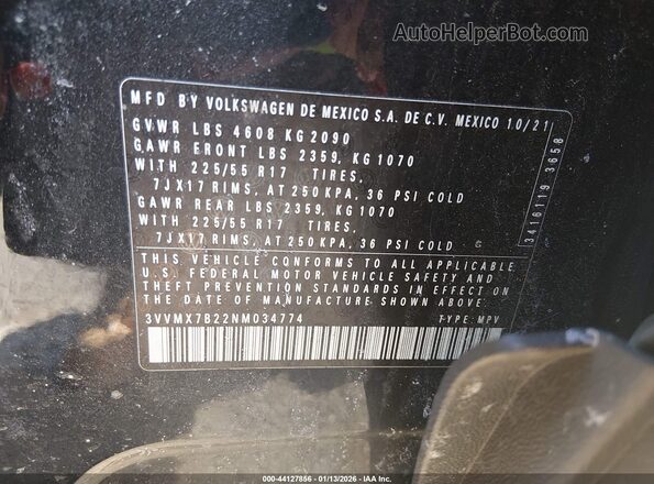 3VVMX7B22NM034774 2022 VOLKSWAGEN TAOS Black Շարժիչի բաժամունքի տեսք