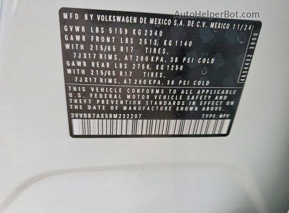3VVRB7AX5RM232207 2024 VOLKSWAGEN TIGUAN White Вид наклейки з VIN-кодом