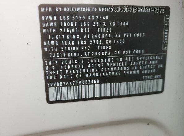 3VVRB7AX7PM052658 2023 VOLKSWAGEN TIGUAN White VIN կոդի պիտակի տեսք