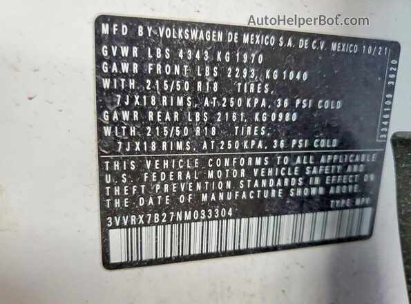 3VVRX7B27NM033304 2022 VOLKSWAGEN TAOS White Vista del compartimento del motor