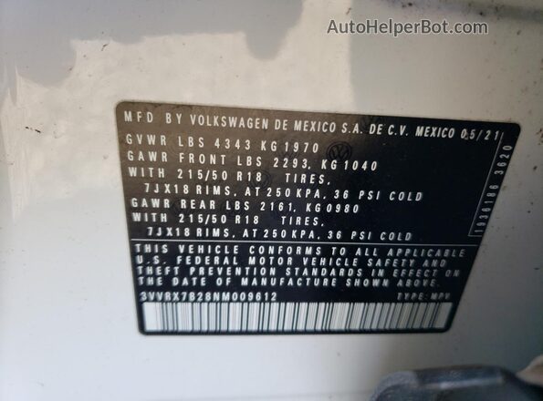 3VVRX7B28NM009612 2022 VOLKSWAGEN TAOS White Вид підкапотного простору