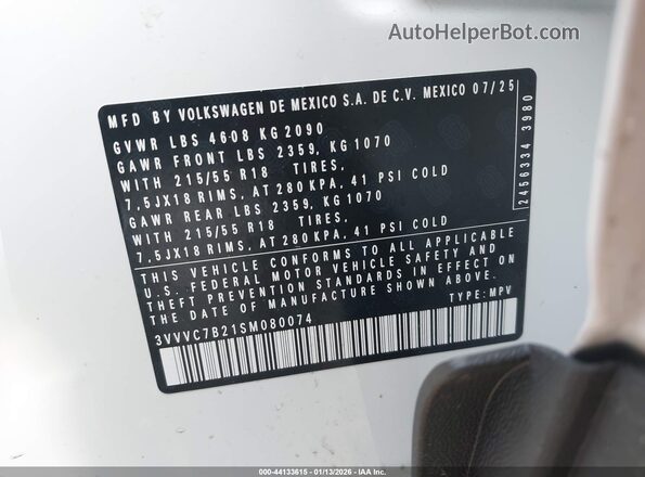 3VVVC7B21SM080074 2025 VOLKSWAGEN TAOS White Widok komory silnika