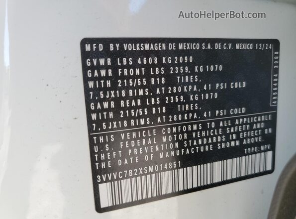 3VVVC7B2XSM014851 2025 VOLKSWAGEN TAOS White Widok naklejki z numerem VIN