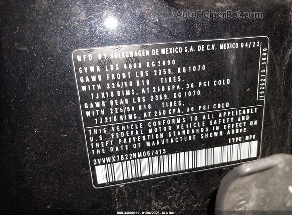 3VVWX7B22NM067413 2022 VOLKSWAGEN TAOS Black 