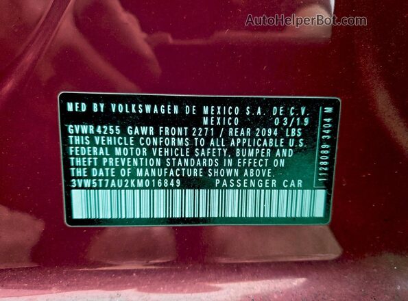 3VW5T7AU2KM016849 2019 VOLKSWAGEN GTI Красный 