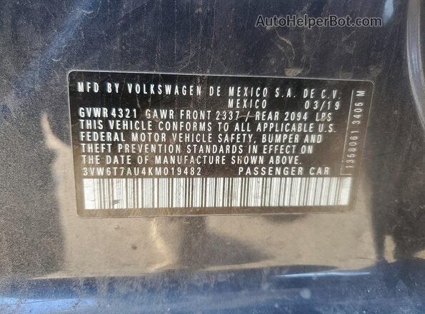 3VW6T7AU4KM019482 2019 VOLKSWAGEN GTI Charcoal VIN კოდის სტიკერის ხედი
