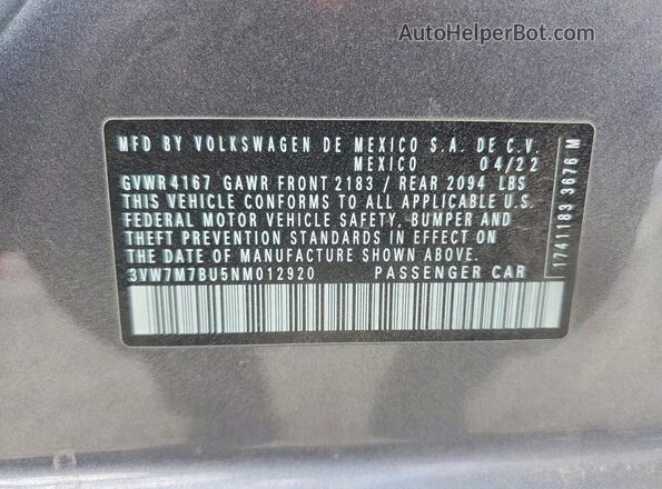 3VW7M7BU5NM012920 2022 VOLKSWAGEN JETTA Gray Շարժիչի բաժամունքի տեսք