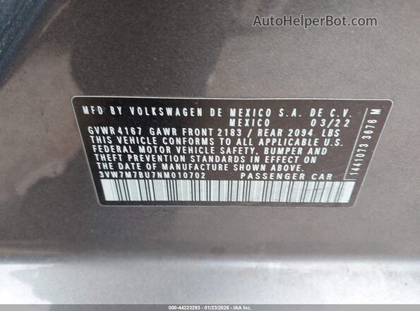 3VW7M7BU7NM010702 2022 VOLKSWAGEN JETTA Gray ძრავის განყოფილების ხედი