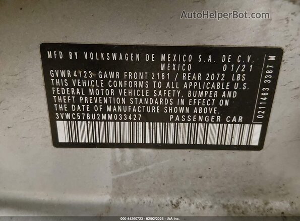 3VWC57BU2MM033427 2021 VOLKSWAGEN JETTA Silver Vista del compartimento del motor