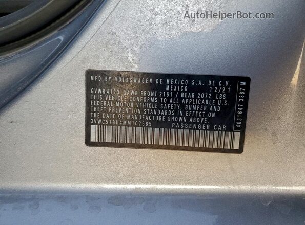 3VWC57BU4MM102585 2021 VOLKSWAGEN JETTA Silver VIN კოდის სტიკერის ხედი