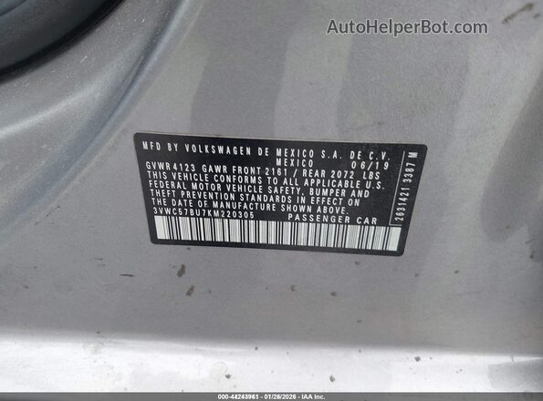 3VWC57BU7KM220305 2019 VOLKSWAGEN JETTA Silver Շարժիչի բաժամունքի տեսք