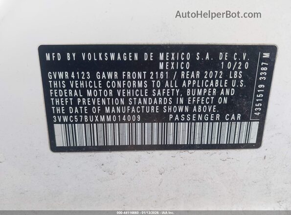3VWC57BUXMM014009 2021 VOLKSWAGEN JETTA White Widok komory silnika