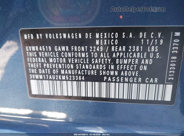 3VWM17AU2KM523364 2019 VOLKSWAGEN GOLF Синий Вид подкапотного пространства